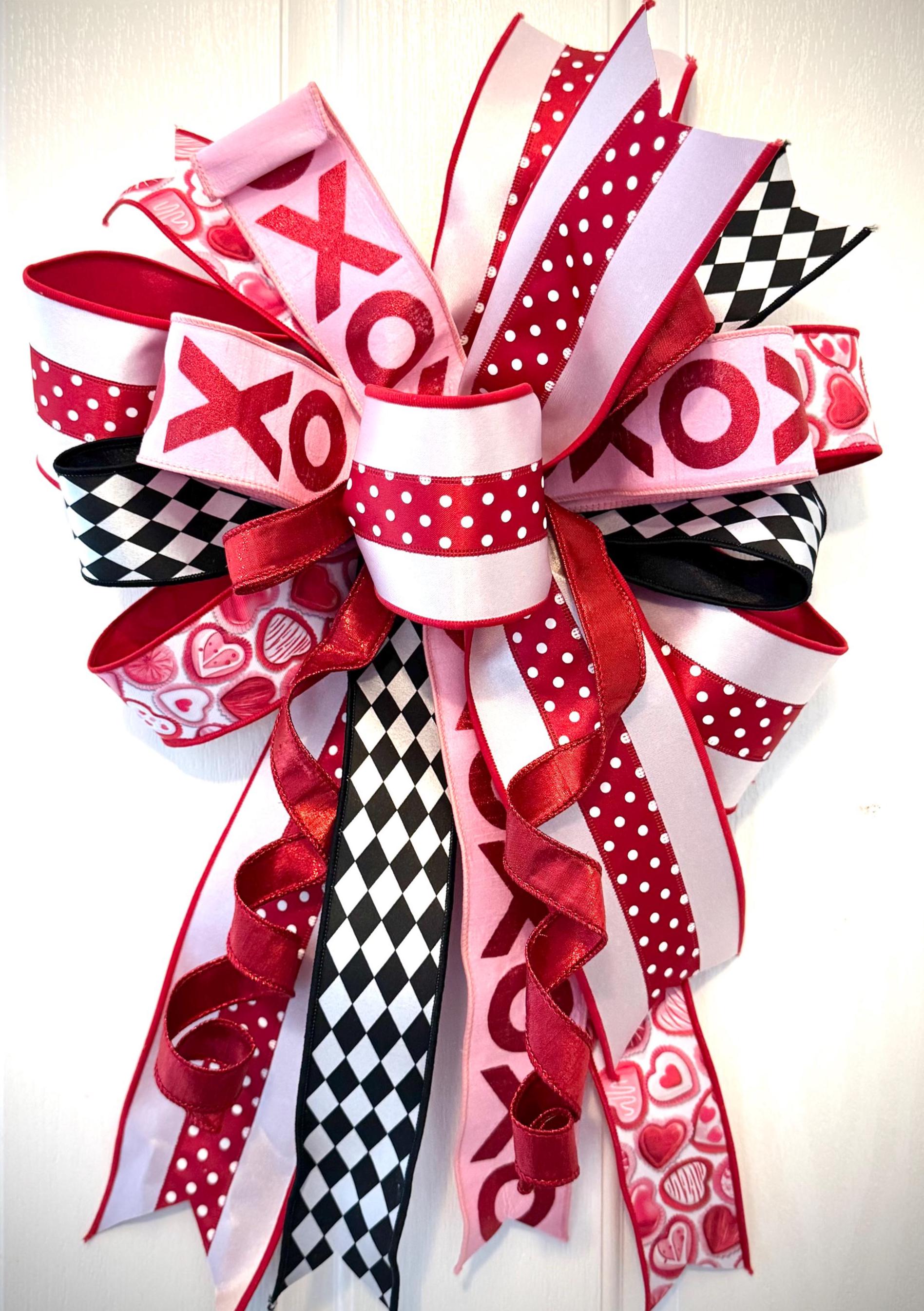 Valentine’s Day Door Bow 25x17 | Large XO Heart Front Door Decoration | Red Pink Black White Holiday Wreath Bo