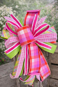 Colorful Spring Lantern Bow | Pink Green Plaid Door Bow | Easter Porch Decor | Large Designer Ribbon Bow | Made to Order