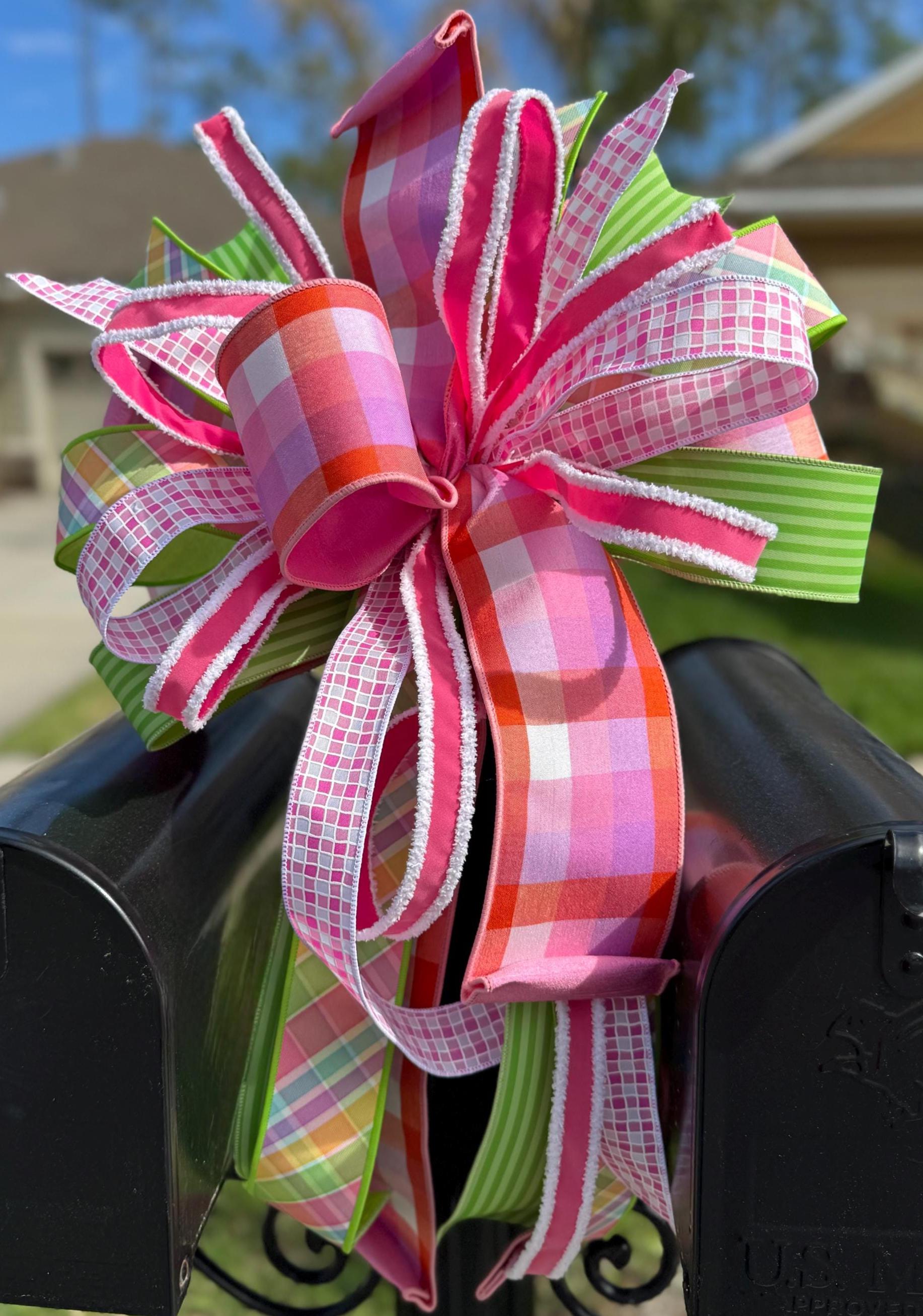 Colorful Spring Lantern Bow | Pink Green Plaid Door Bow | Easter Porch Decor | Large Designer Ribbon Bow | Made to Order