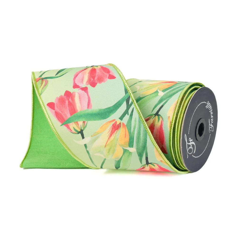 Farrisilk Spring Tulip Floral Wired Ribbon 4” x 10 Yards | Luxury Designer Easter Ribbon for Wreaths, Bows, Gift Wrapping & Spring Decor
