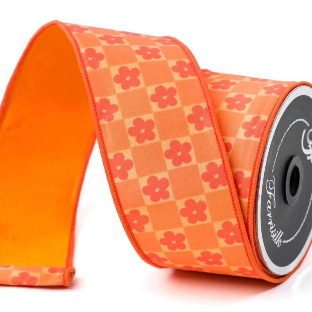 Farrisilk Retro Daisy Check Ribbon 2.5” x 10 Yards – Orange Retro Floral Wired Ribbon for Wreaths, Bows, Summer & Groovy Decor