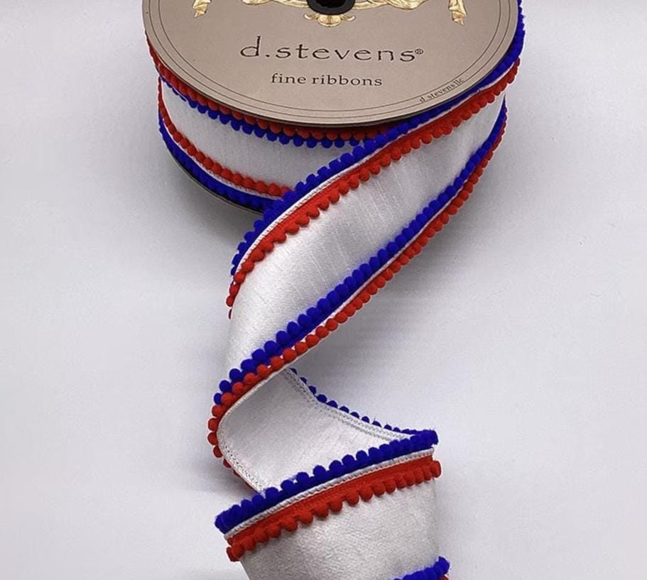 D. Stevens 3" Wired Ribbon 10 Yards – White Dupioni with Red & Royal Blue Pom Pom Trim, Patriotic Ribbon