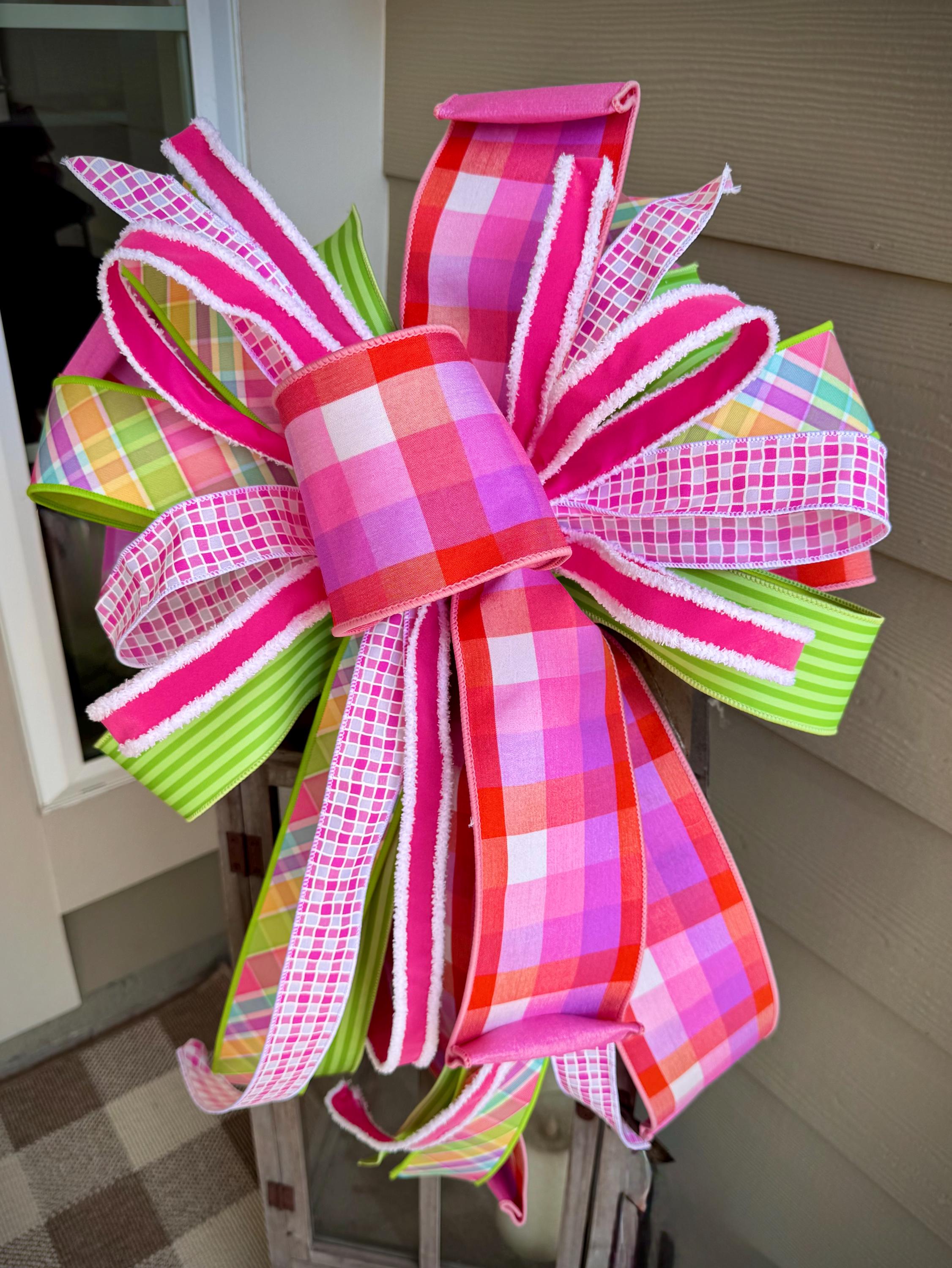 Colorful Spring Lantern Bow | Pink Green Plaid Door Bow | Easter Porch Decor | Large Designer Ribbon Bow | Made to Order