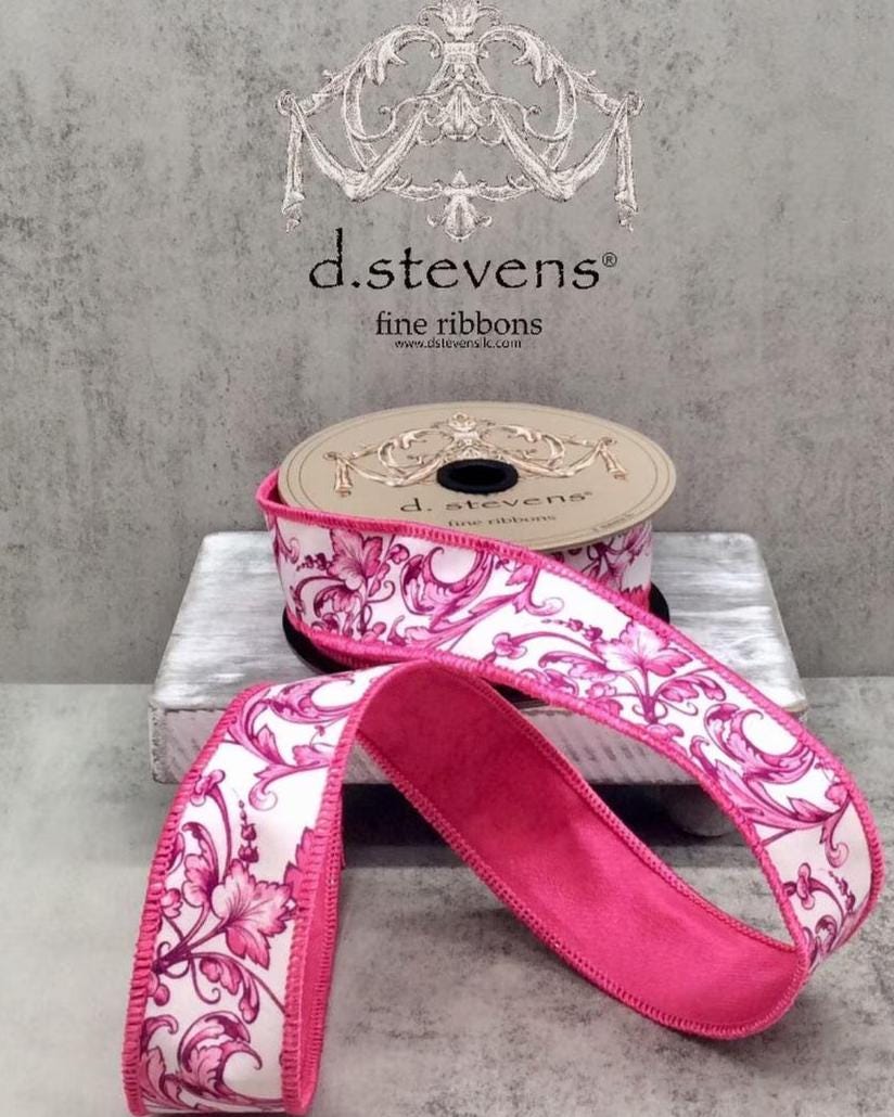 D. Stevens Pink Chinoiserie Ribbon, 1.5” x 10 Yards, Acanthus Scroll Taffeta, Designer White Pink Wired