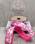 D. Stevens Pink Chinoiserie Ribbon, 1.5” x 10 Yards, Acanthus Scroll Taffeta, Designer White Pink Wired
