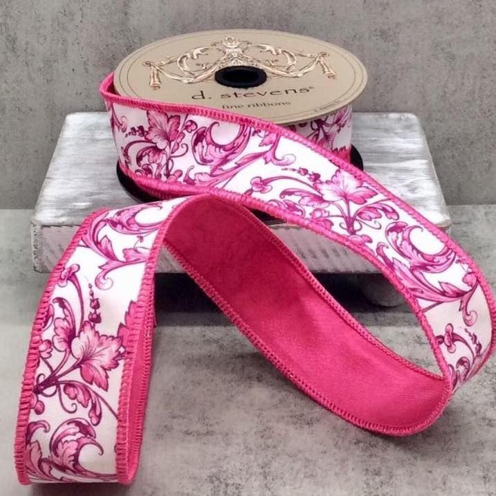 D. Stevens Pink Chinoiserie Ribbon, 1.5” x 10 Yards, Acanthus Scroll Taffeta, Designer White Pink Wired