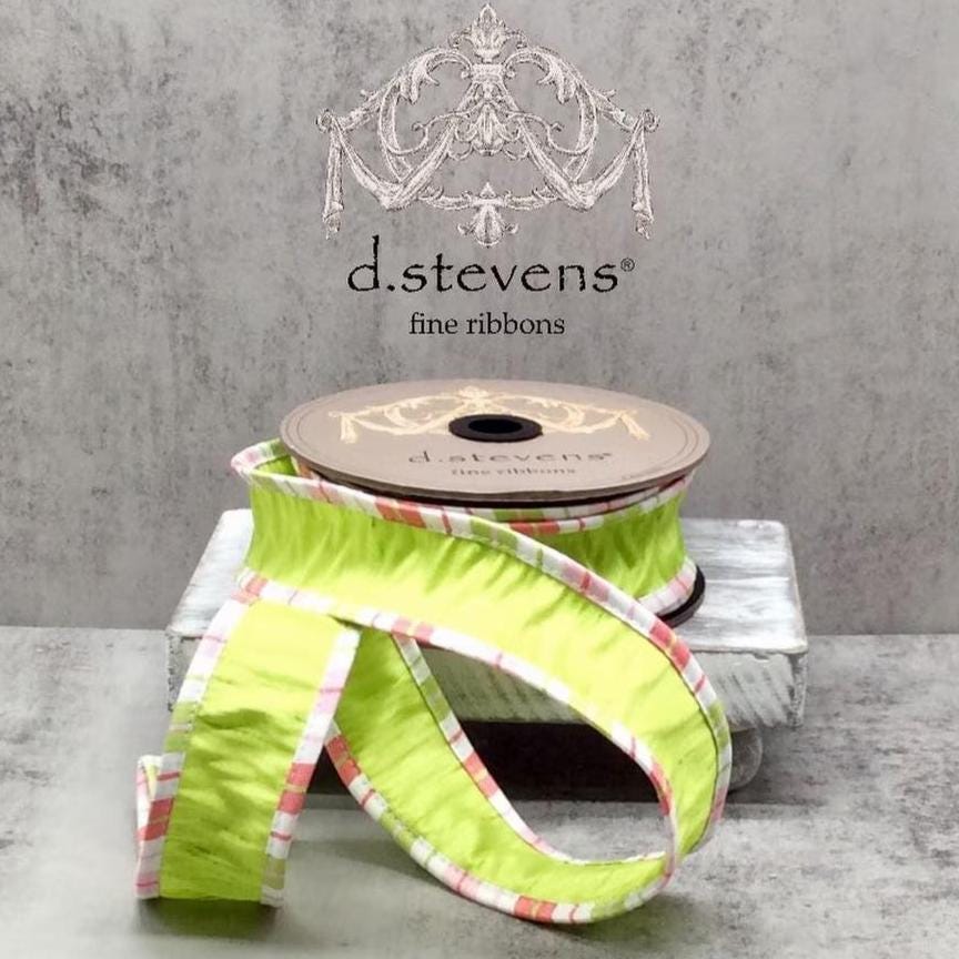 D. Stevens Lime Green Faux Dupioni Ribbon, 1.5" Wired Ribbon with Pink Stripe Edge, 10 Yards, Luxury Spring, Designer Crafts