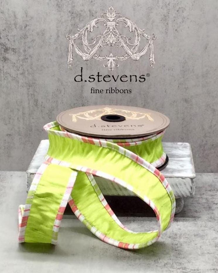 D. Stevens Lime Green Faux Dupioni Ribbon, 1.5" Wired Ribbon with Pink Stripe Edge, 10 Yards, Luxury Spring, Designer Crafts