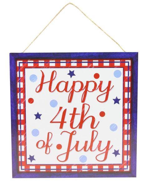 Happy 4th of July Sign, Patriotic Wreath Sign, 10 Inch MDF Door Hanger, Red White Blue Decor, Independence Day Decor, Summer Porch Sign