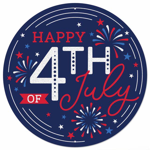 Happy 4th of July Metal Sign, Patriotic Round Door Hanger, 12 Inch Glitter USA Decor, Fireworks Independence Day Sign, Summer Porch Decor