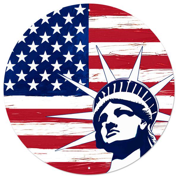 Statue of Liberty Patriotic Sign, 12" Round USA Flag Door Hanger, Americana Wall Decor, Independence Day Wreath Sign, Rustic American Flag