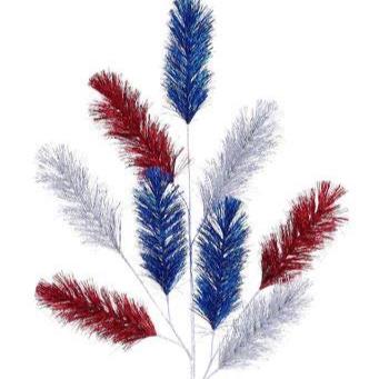 Patriotic Tinsel Spray 31 Inch, Red Silver Blue Wreath Picks, 4th of July Decor, Americana Floral Spray, Independence Day Tree Topper
