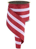 4" x 10yd Red Glitter Stripe Satin Wired Ribbon – Candy Cane Stripes, Patriotic Stripes