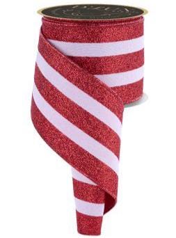 4" x 10yd Red Glitter Stripe Satin Wired Ribbon – Candy Cane Stripes, Patriotic Stripes