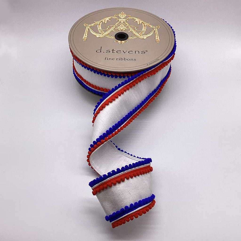 D. Stevens 3" Wired Ribbon 10 Yards – White Dupioni with Red & Royal Blue Pom Pom Trim, Patriotic Ribbon
