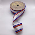 D. Stevens 3" Wired Ribbon 10 Yards – White Dupioni with Red & Royal Blue Pom Pom Trim, Patriotic Ribbon