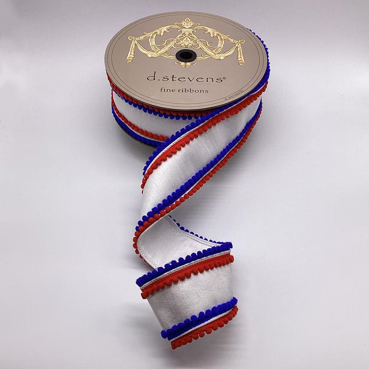 D. Stevens 3" Wired Ribbon 10 Yards – White Dupioni with Red & Royal Blue Pom Pom Trim, Patriotic Ribbon