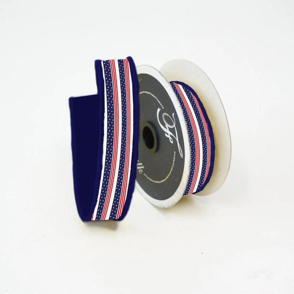Farrisilk Flag Stripes Wired Ribbon 1" x 10 Yards, Patriotic Star Stripe Ribbon, Red White Blue, Americana, 4th of July
