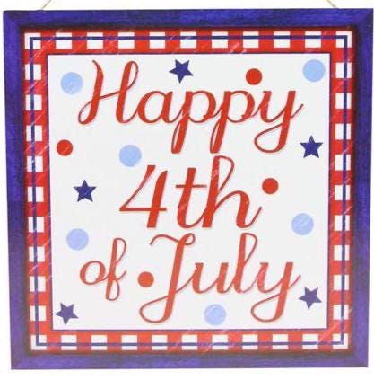 Happy 4th of July Sign, Patriotic Wreath Sign, 10 Inch MDF Door Hanger, Red White Blue Decor, Independence Day Decor, Summer Porch Sign