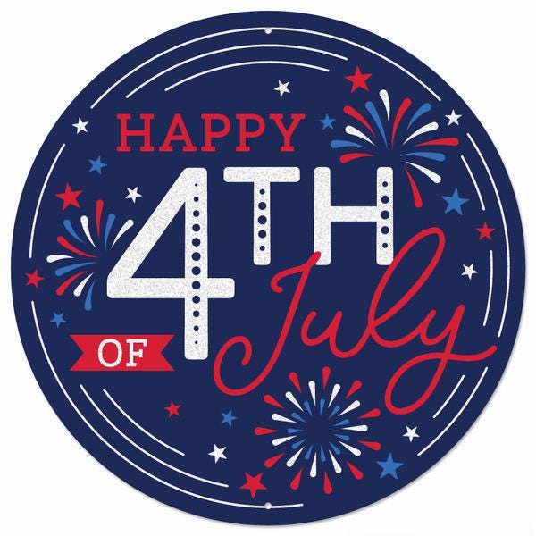 Happy 4th of July Metal Sign, Patriotic Round Door Hanger, 12 Inch Glitter USA Decor, Fireworks Independence Day Sign, Summer Porch Decor