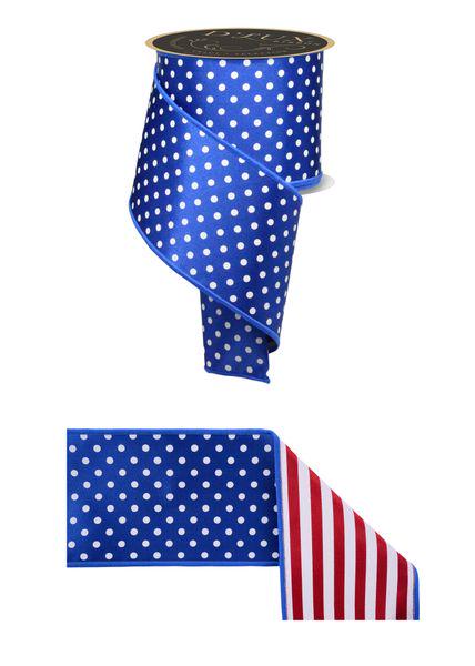 Patriotic Wired Ribbon 4 Inch Polka Dot Stripe, 10 Yard Red White Blue, 4th of July, Americana Wreath Bow, DIY Craft