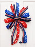 Patriotic Door Bow – Red White Blue Wreath Bow – 4th of July Decor – Memorial Day Bow – Large Handmade Star Ribbon Bow – Front Door Decor