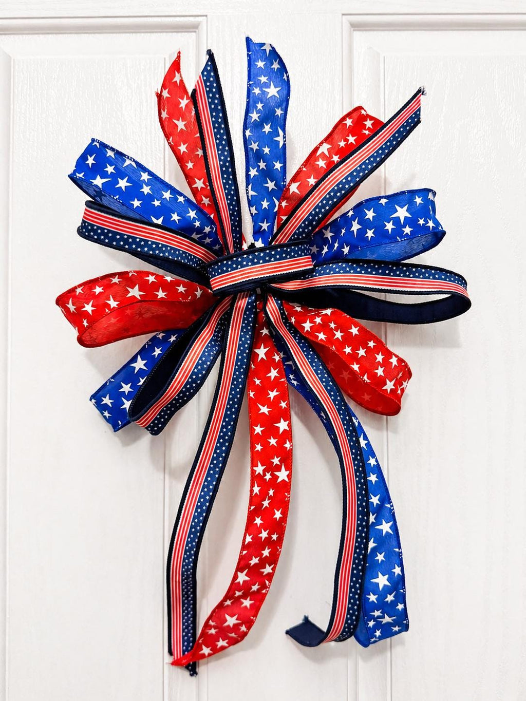 Patriotic Door Bow – Red White Blue Wreath Bow – 4th of July Decor – Memorial Day Bow – Large Handmade Star Ribbon Bow – Front Door Decor