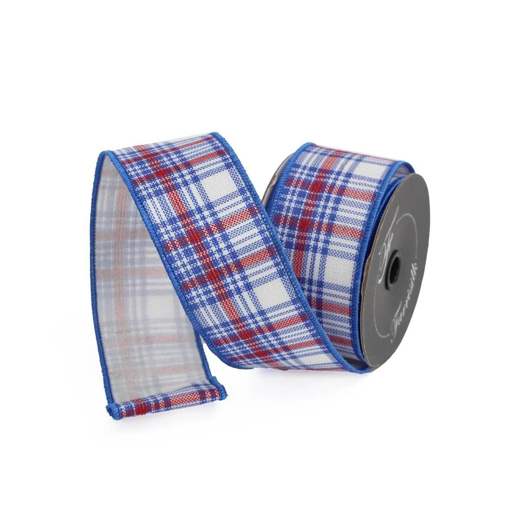 Patriotic Plaid Wired Ribbon 2.5” x 10 Yards – Red White Blue Farrisilk Ribbon, Fourth of July Decor, Wreath Making Supply