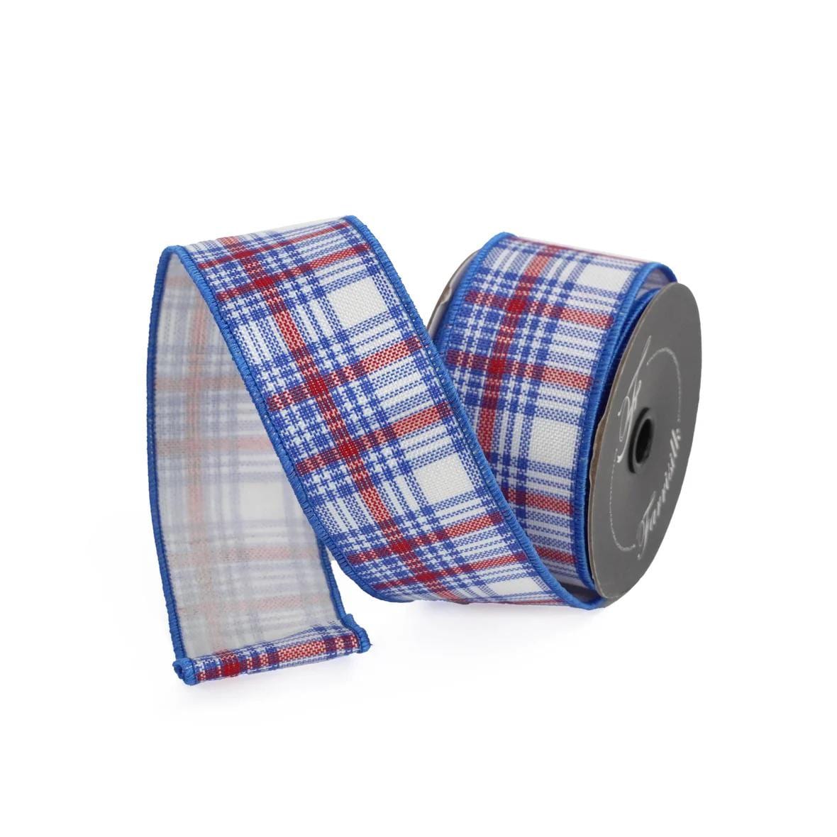 Patriotic Plaid Wired Ribbon 2.5” x 10 Yards – Red White Blue Farrisilk Ribbon, Fourth of July Decor, Wreath Making Supply