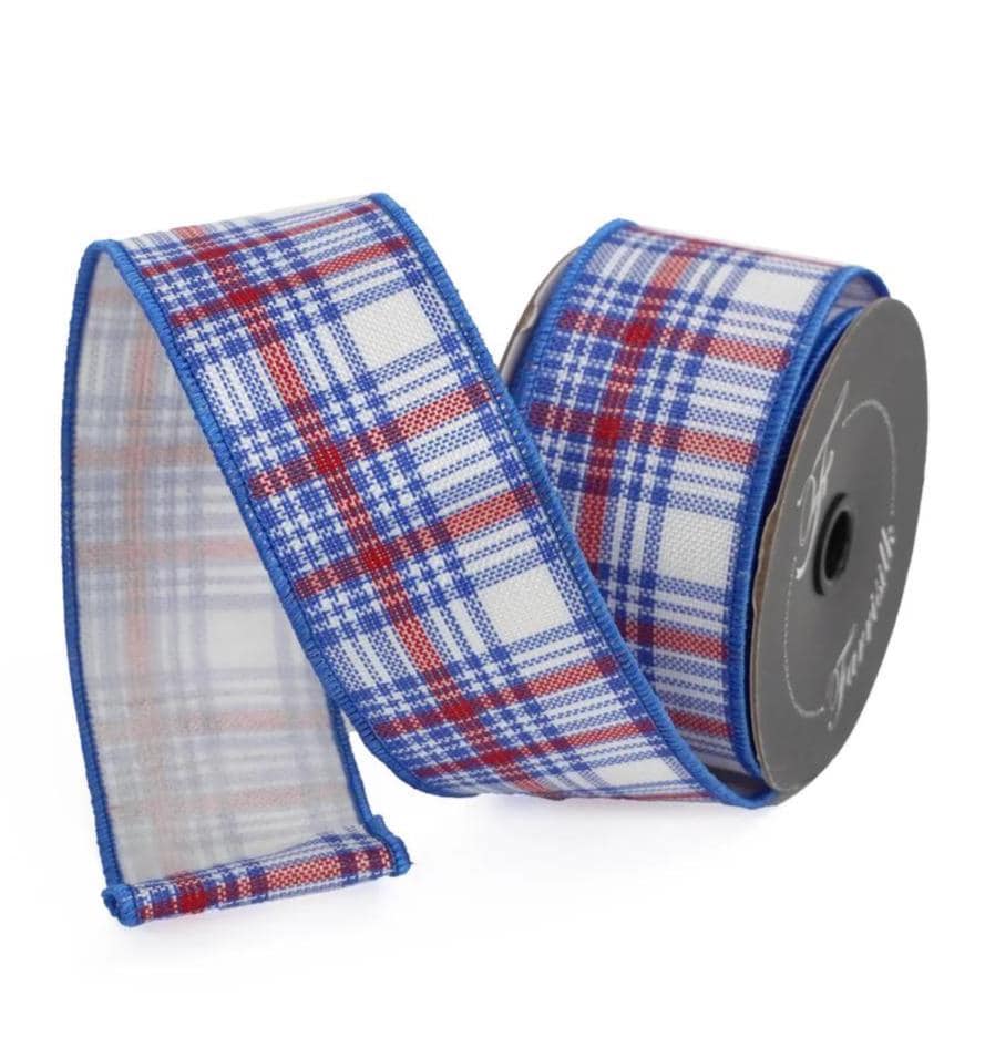 Patriotic Plaid Wired Ribbon 2.5” x 10 Yards – Red White Blue Farrisilk Ribbon, Fourth of July Decor, Wreath Making Supply