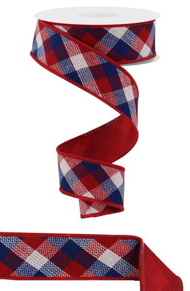 Patriotic Red White Blue Wired Ribbon, 1.5 Inch Check Ribbon, 10 Yard Decorative Wired Ribbon for Wreaths, Fourth of July Craft Ribbon