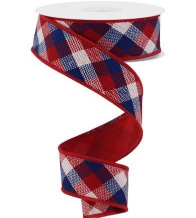 Patriotic Red White Blue Wired Ribbon, 1.5 Inch Check Ribbon, 10 Yard Decorative Wired Ribbon for Wreaths, Fourth of July Craft Ribbon
