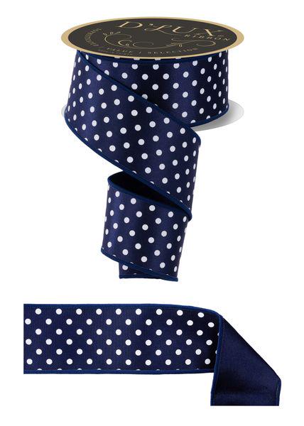 Navy Blue White Polka Dot Wired Ribbon, 2.5 Inch Satin Ribbon, 10 Yard Decorative Ribbon for Wreaths, Bows, Baby Shower & Gift Wrap