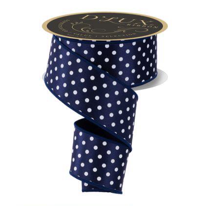 Navy Blue White Polka Dot Wired Ribbon, 2.5 Inch Satin Ribbon, 10 Yard Decorative Ribbon for Wreaths, Bows, Baby Shower & Gift Wrap