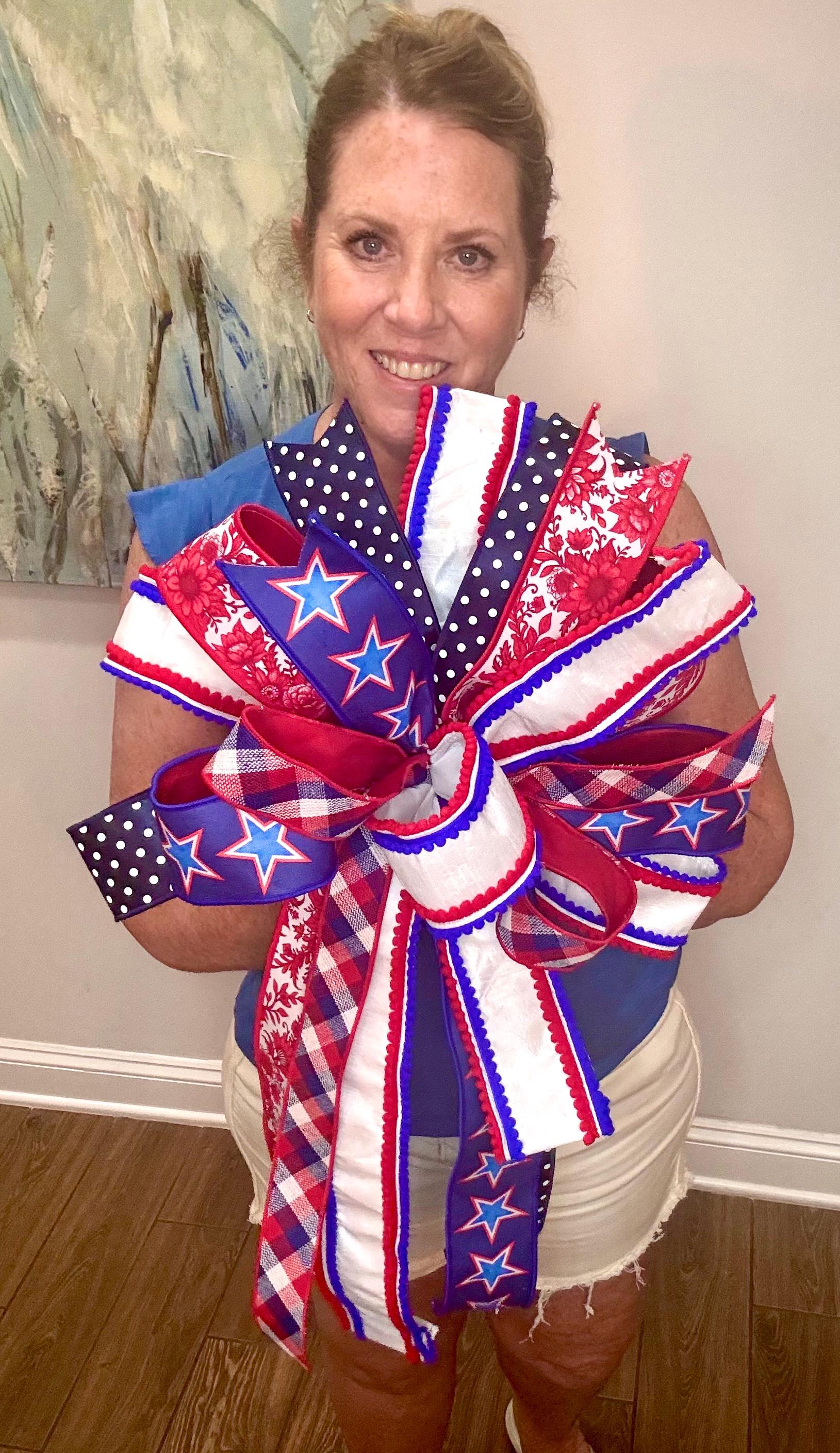 Large Handmade Patriotic Door Hanger, Red White Blue Wreath Bow, Fourth of July Porch Decor, Americana Designer Ribbon