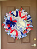 27” Patriotic Mesh Wreath, Red White Blue Front Door, Americana Summer Style, 4th of July Decor, Memorial Day Porch