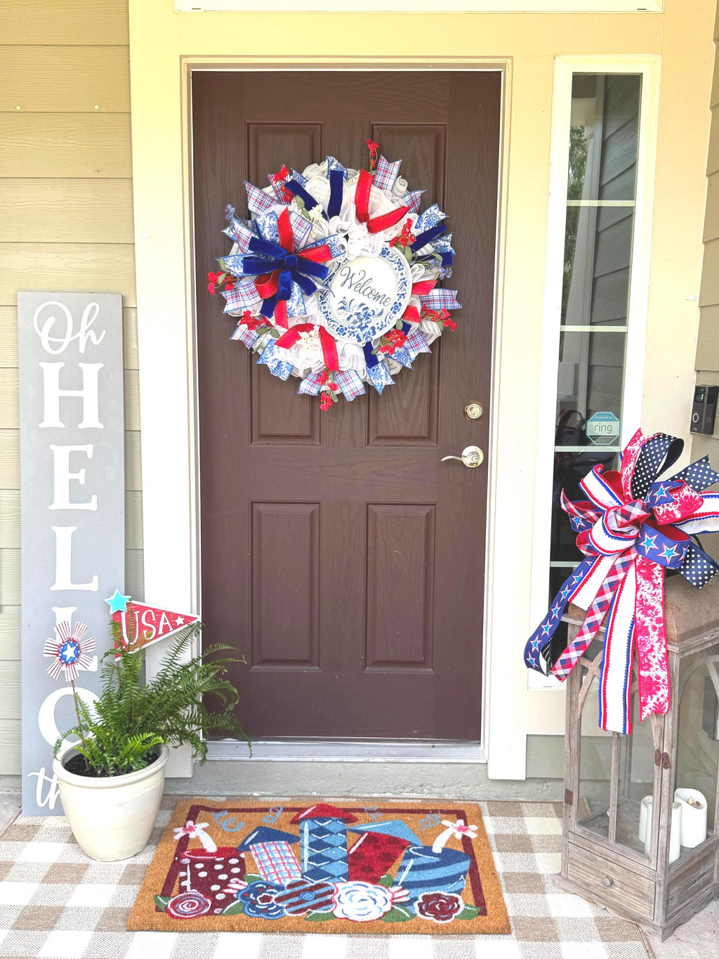27” Patriotic Mesh Wreath, Red White Blue Front Door, Americana Summer Style, 4th of July Decor, Memorial Day Porch