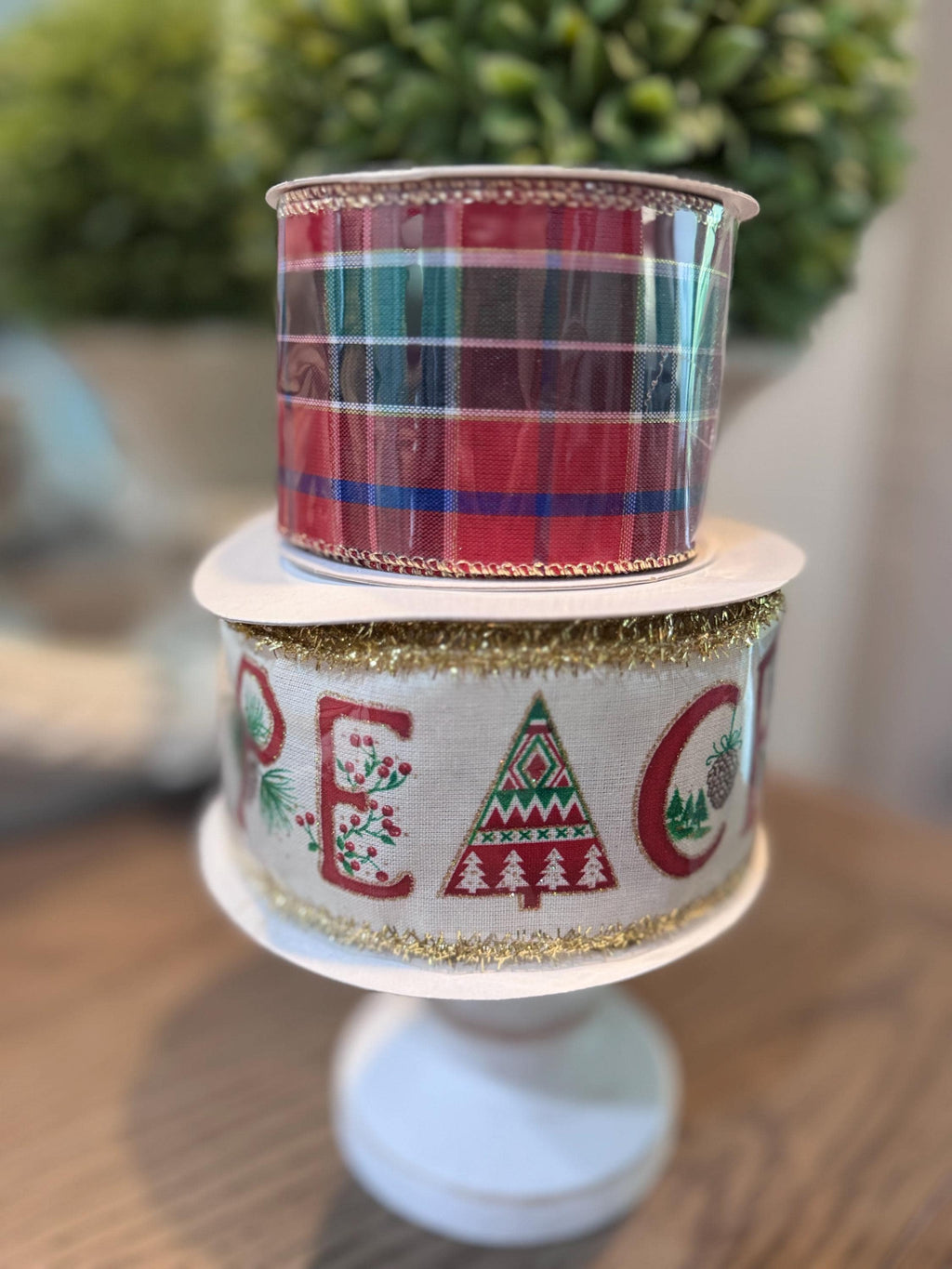 Christmas Peace and Plaid Wired Ribbon bundle 2.5" x 10 yards each