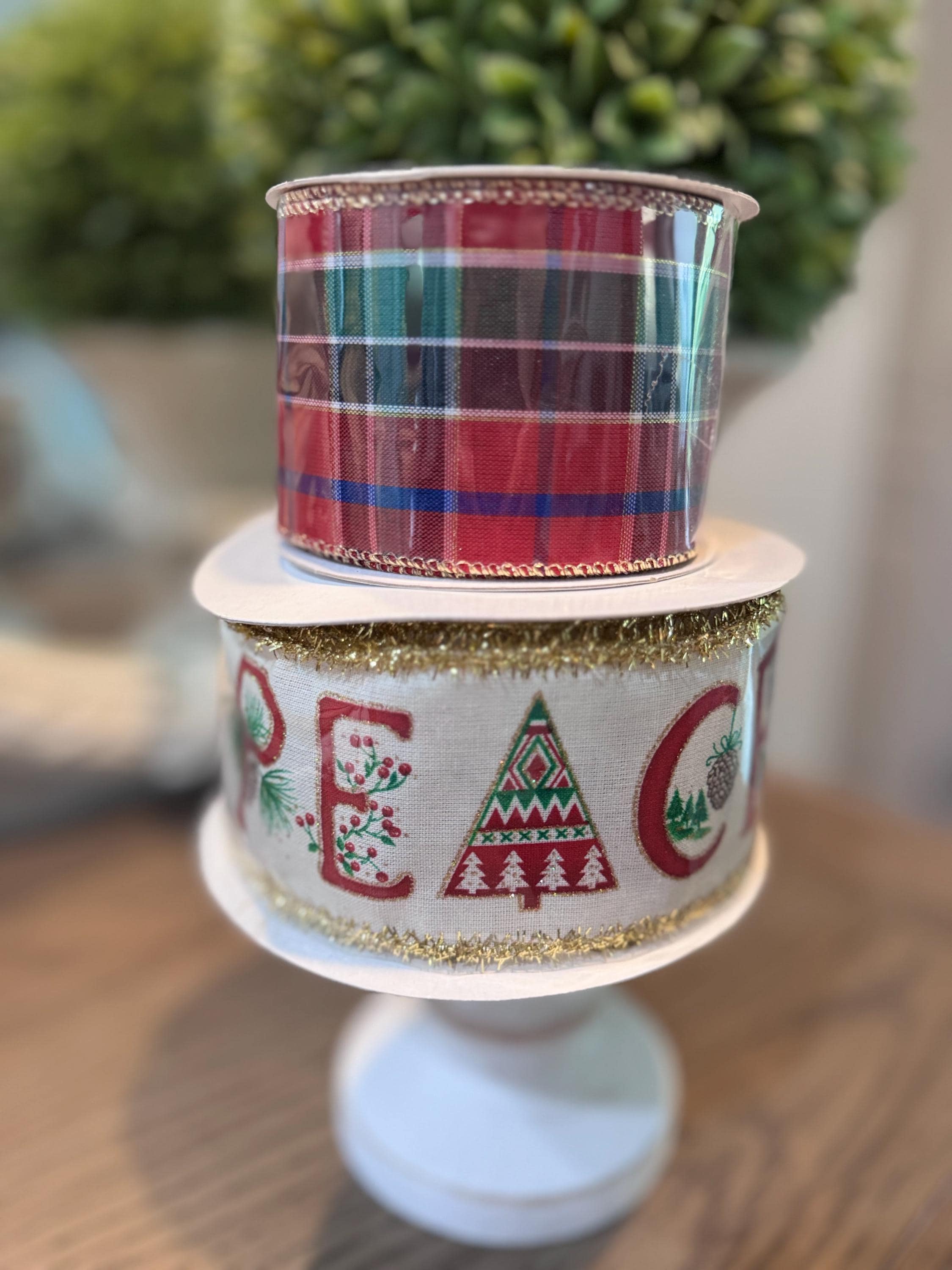 Christmas Peace and Plaid Wired Ribbon bundle 2.5" x 10 yards each