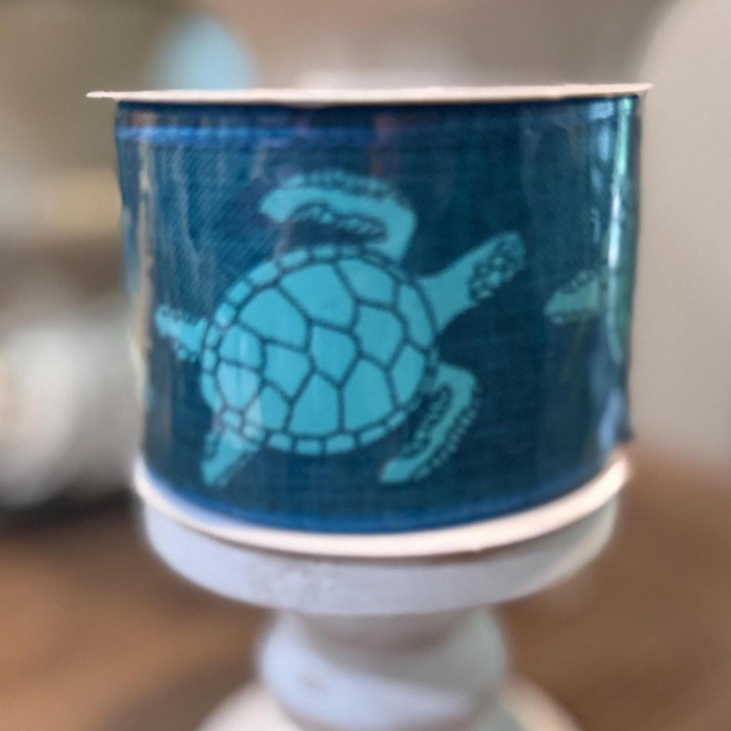 Sea Turtle Blue Aqua Wired Ribbon 2.5" x 10 yards