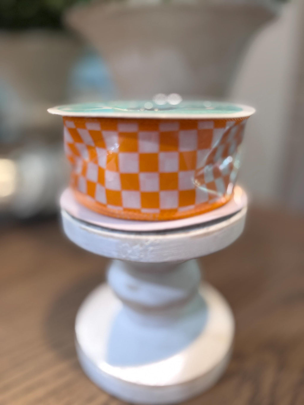Orange White Checkered Wired Ribbon 1.5" x 10 yards