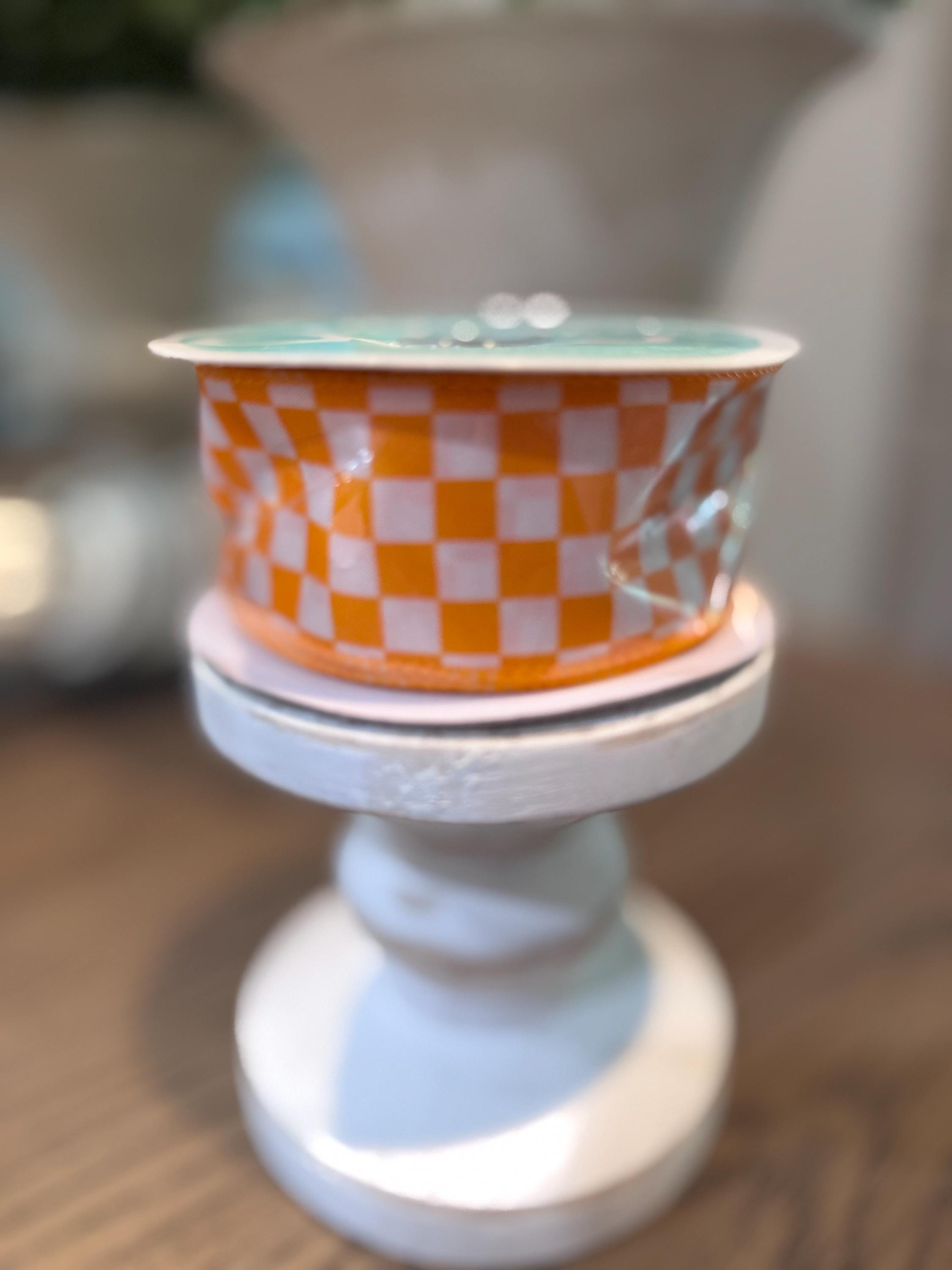 Orange White Checkered Wired Ribbon 1.5" x 10 yards