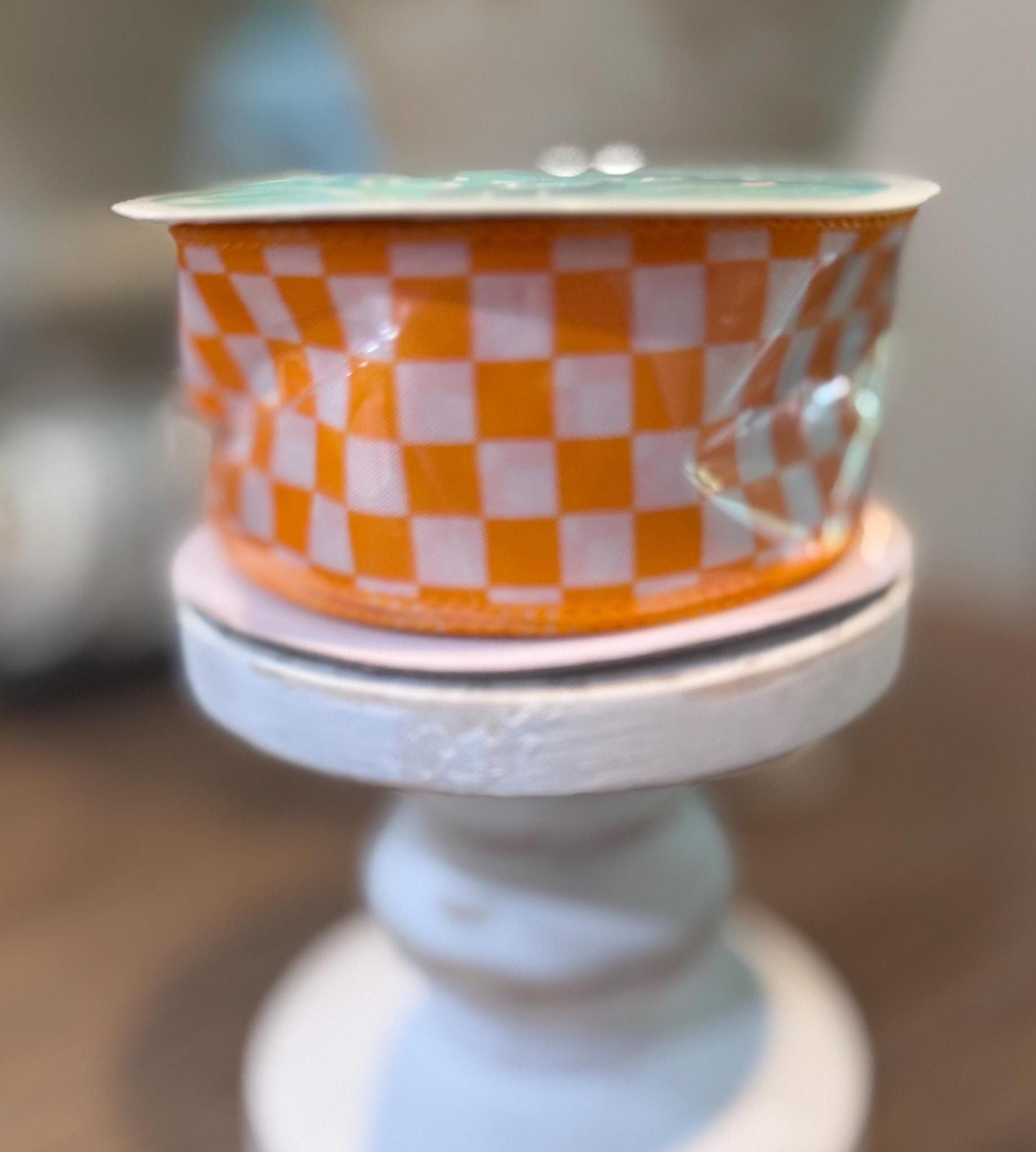 Orange White Checkered Wired Ribbon 1.5" x 10 yards