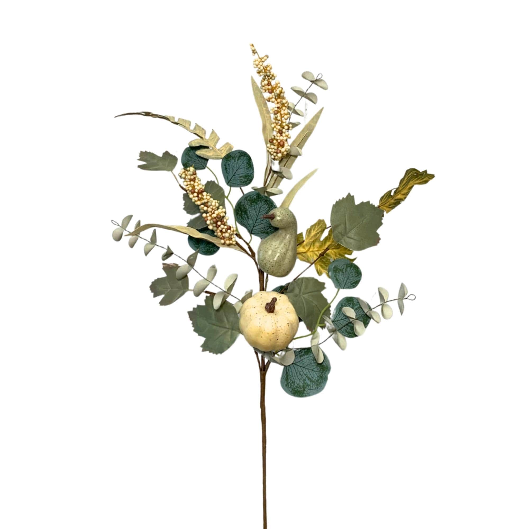 David Christopher Faux Eucalyptus Pumpkin Gourd Pick 28.5", Fall Floral Stem