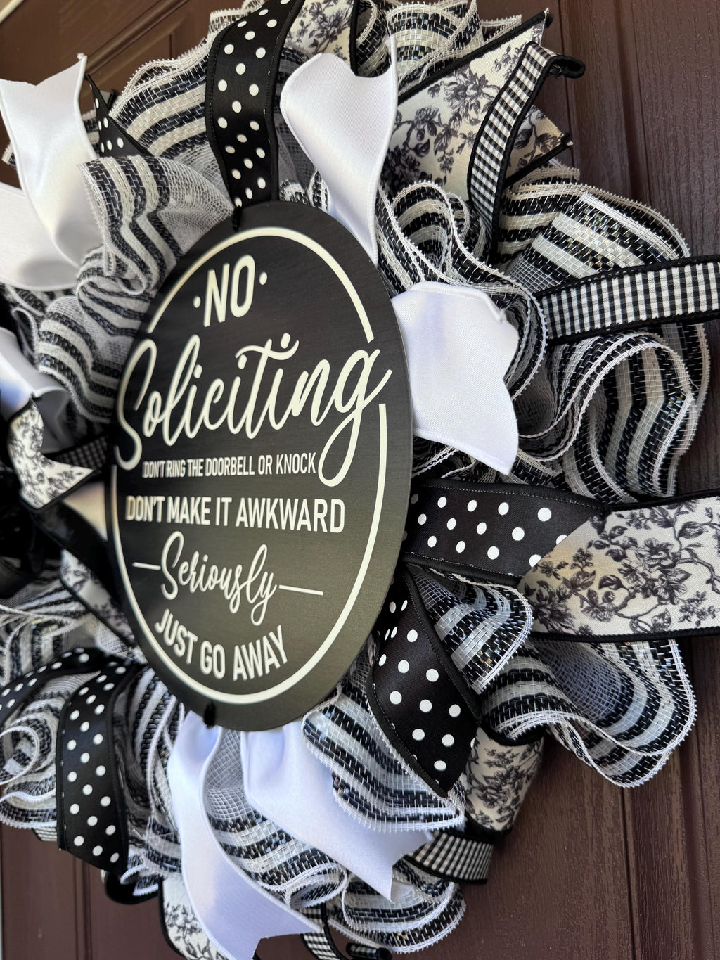 No Soliciting Large Wreath for Front Door | Farmhouse Porch Decor | Funny Housewarming Gift