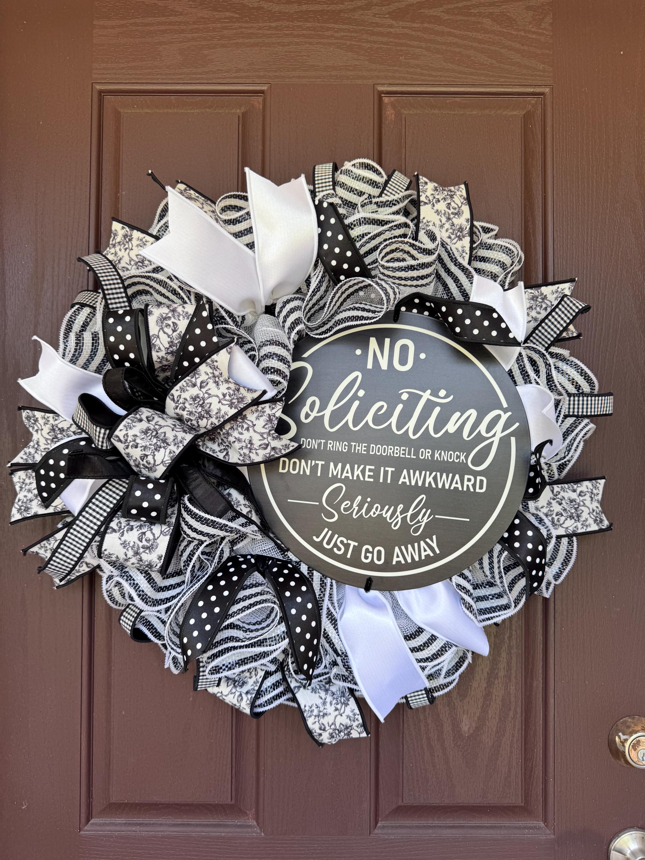 No Soliciting Large Wreath for Front Door | Farmhouse Porch Decor | Funny Housewarming Gift