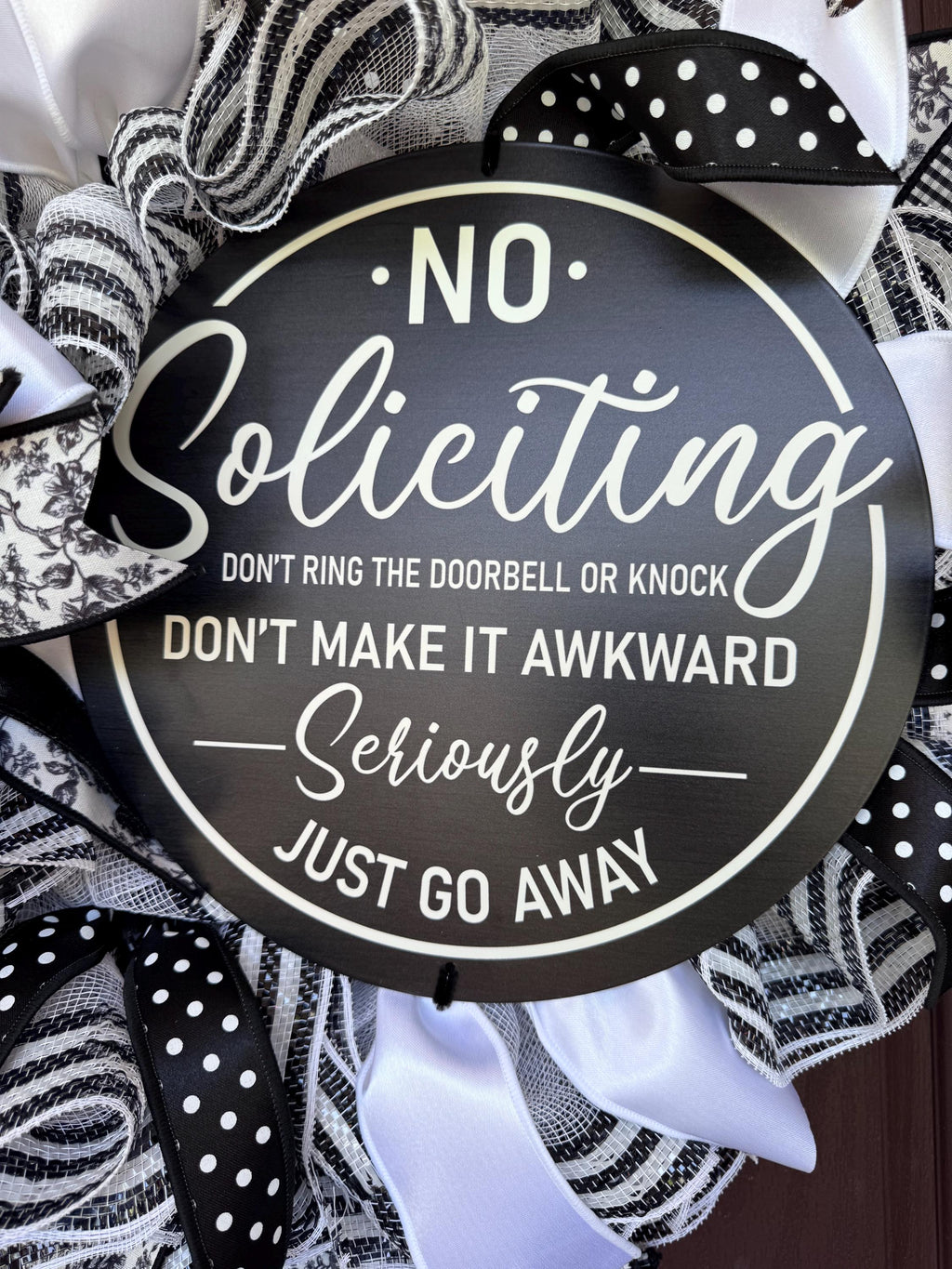 No Soliciting Large Wreath for Front Door | Farmhouse Porch Decor | Funny Housewarming Gift