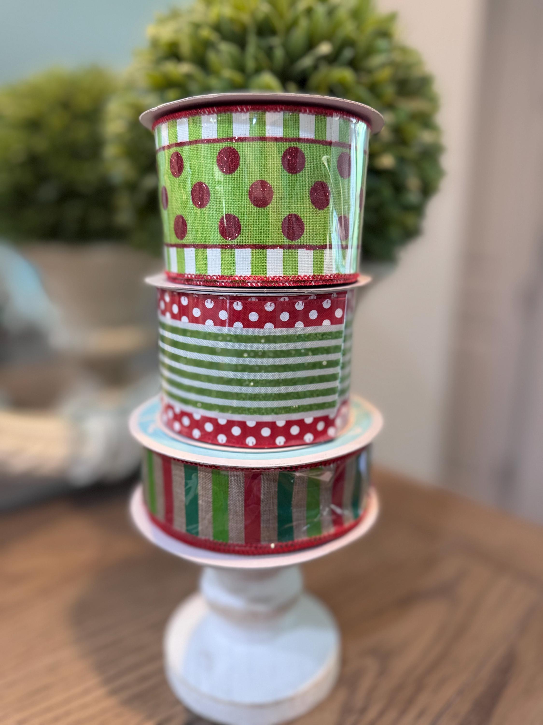 Christmas Dots & Stripes Wired Ribbon Bundle -3 Rolls Included