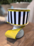 Black White Stripe on Yellow Back Fused Wired Canvas Ribbon 2.5" x 10 yards