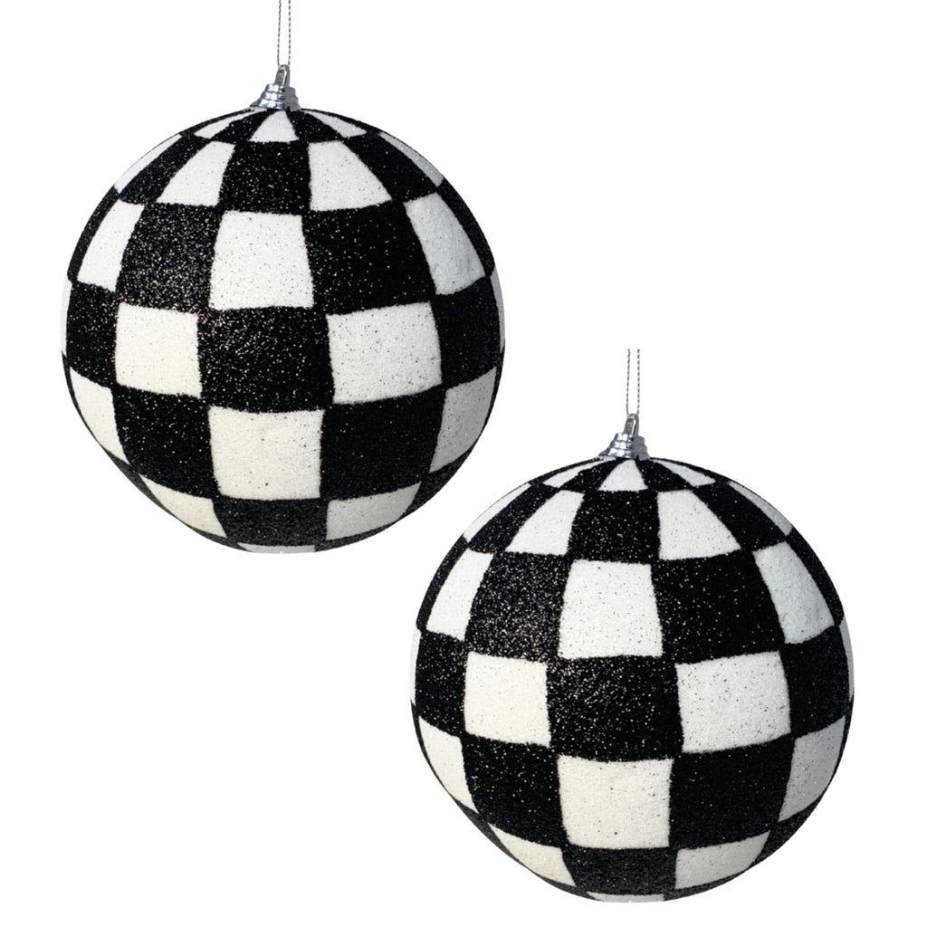 David Christopher 6" Black and White Checkered Glitter Ball Ornaments, Set of 2